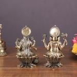 4" Brass Ganesha Lakshmi Lotus Pair | Divine Festival Murti Set | Sacred Gift Idols